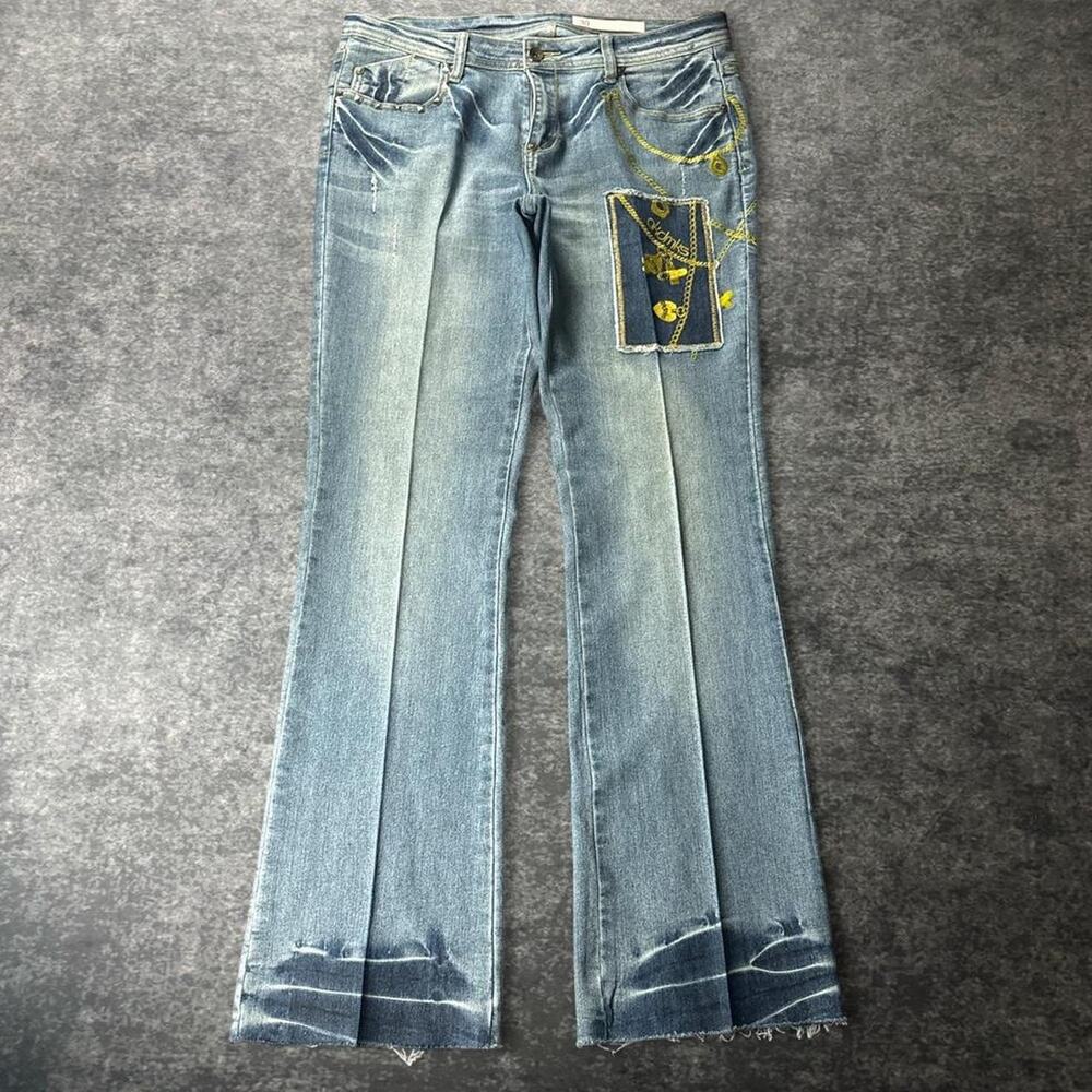 Vintage Akademiks Women’s Y2K Flare Jeans Size 30 Light Wash Embroidered Chain
